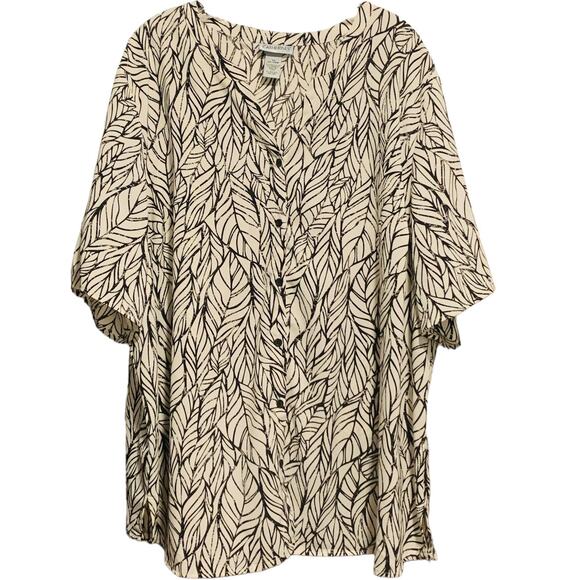CATHERINES Women's Size 26/28W Top Leaf Print Button Front Short Sleeve Roll Tab - Picture 1 of 5